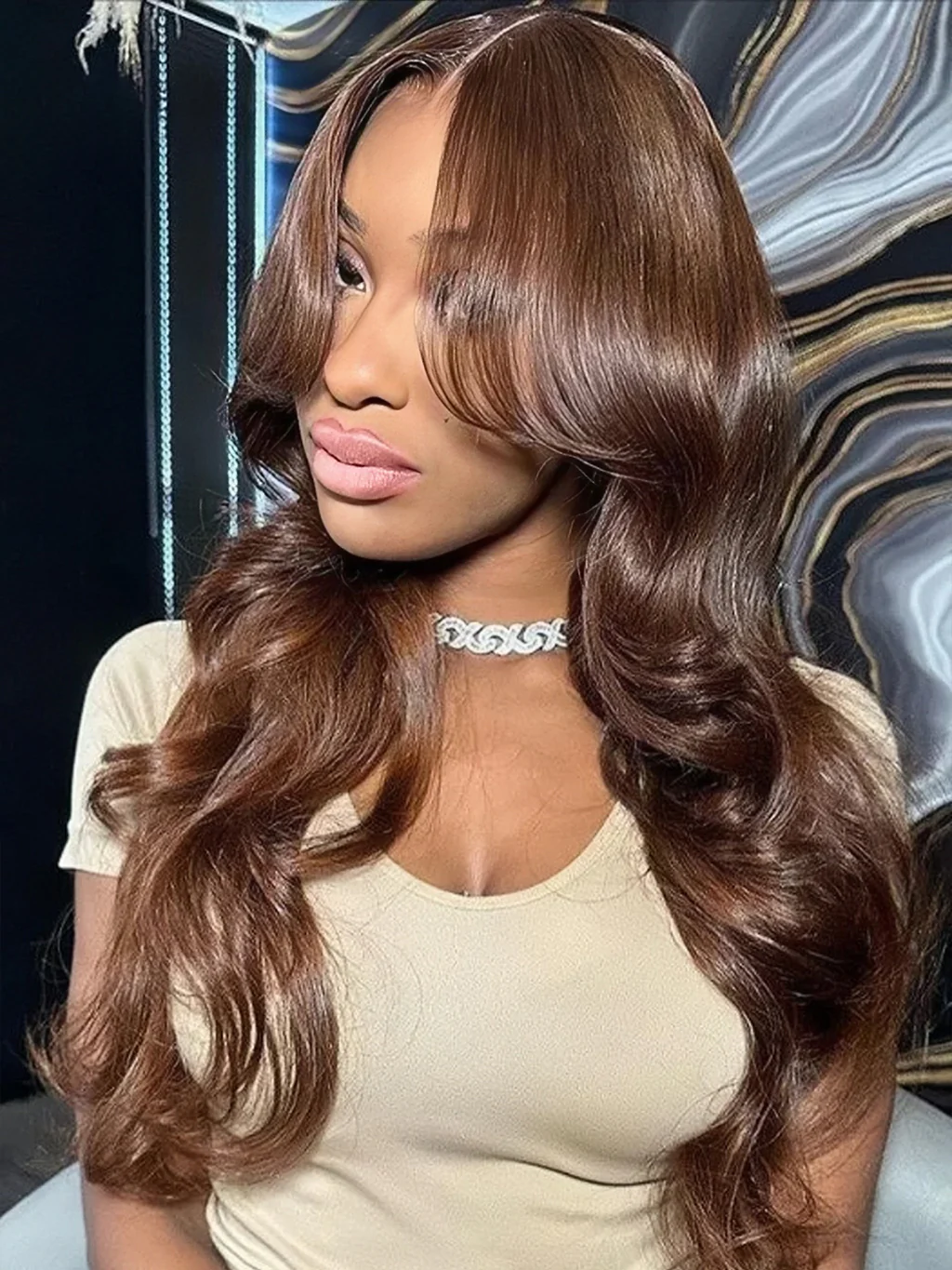 Dorsanee Curtain Bangs Chocolate Brown Glueless 13x4 HD Lace Front Body Wave Wig - Image 2