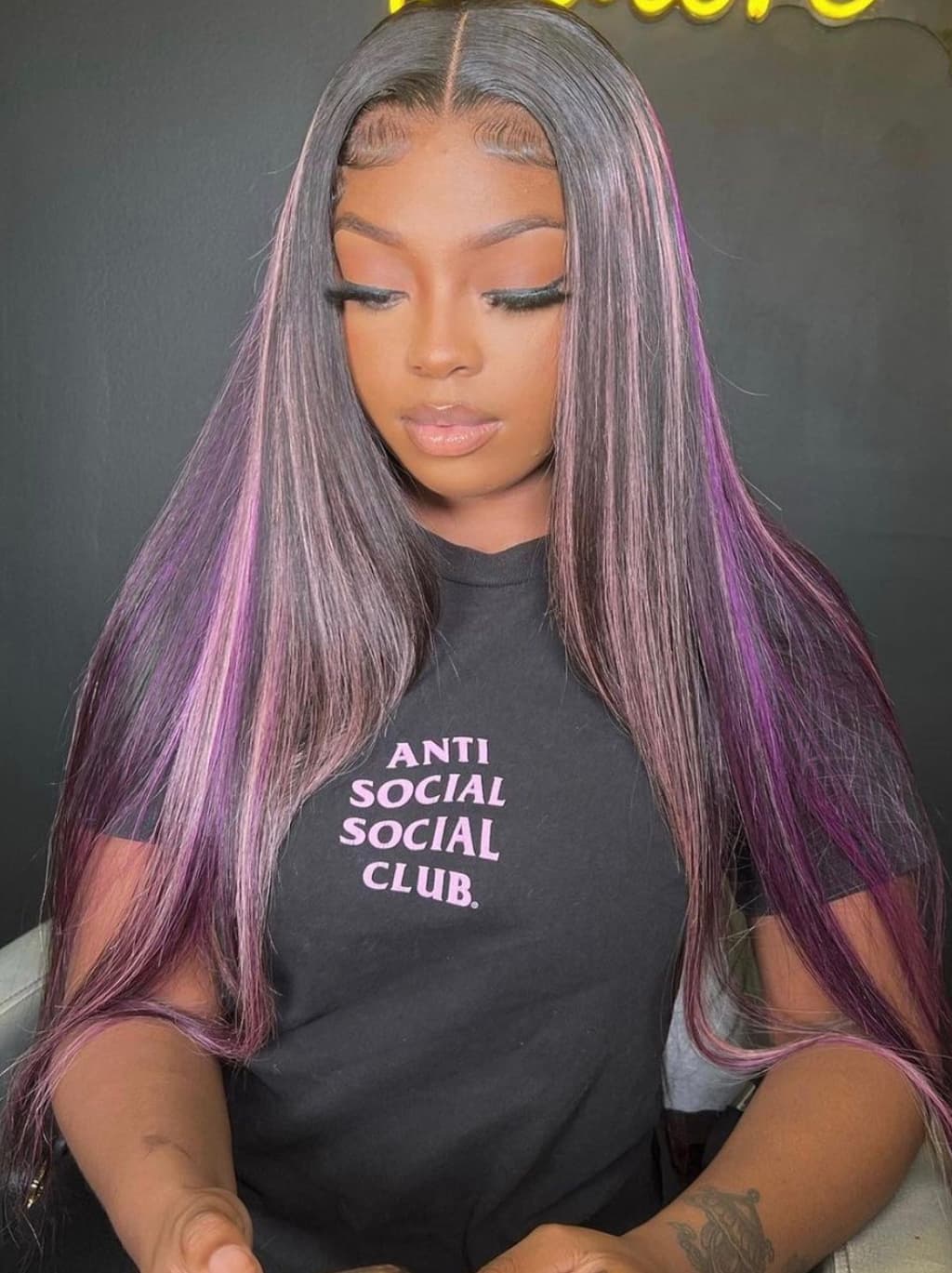 Dorsanee 32 34 inch Black With Purple Bone Straight Highlights 13x4 Lace Front Human Hair Wigs 200 Density