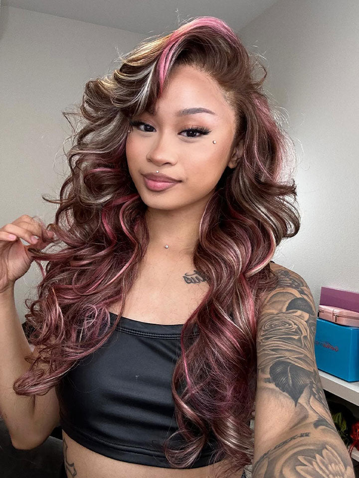 Dorsanee Balayage Pink Brown Blonde Highlights 13x6 Lace Front Body Wave Human Hair Wigs - Image 6