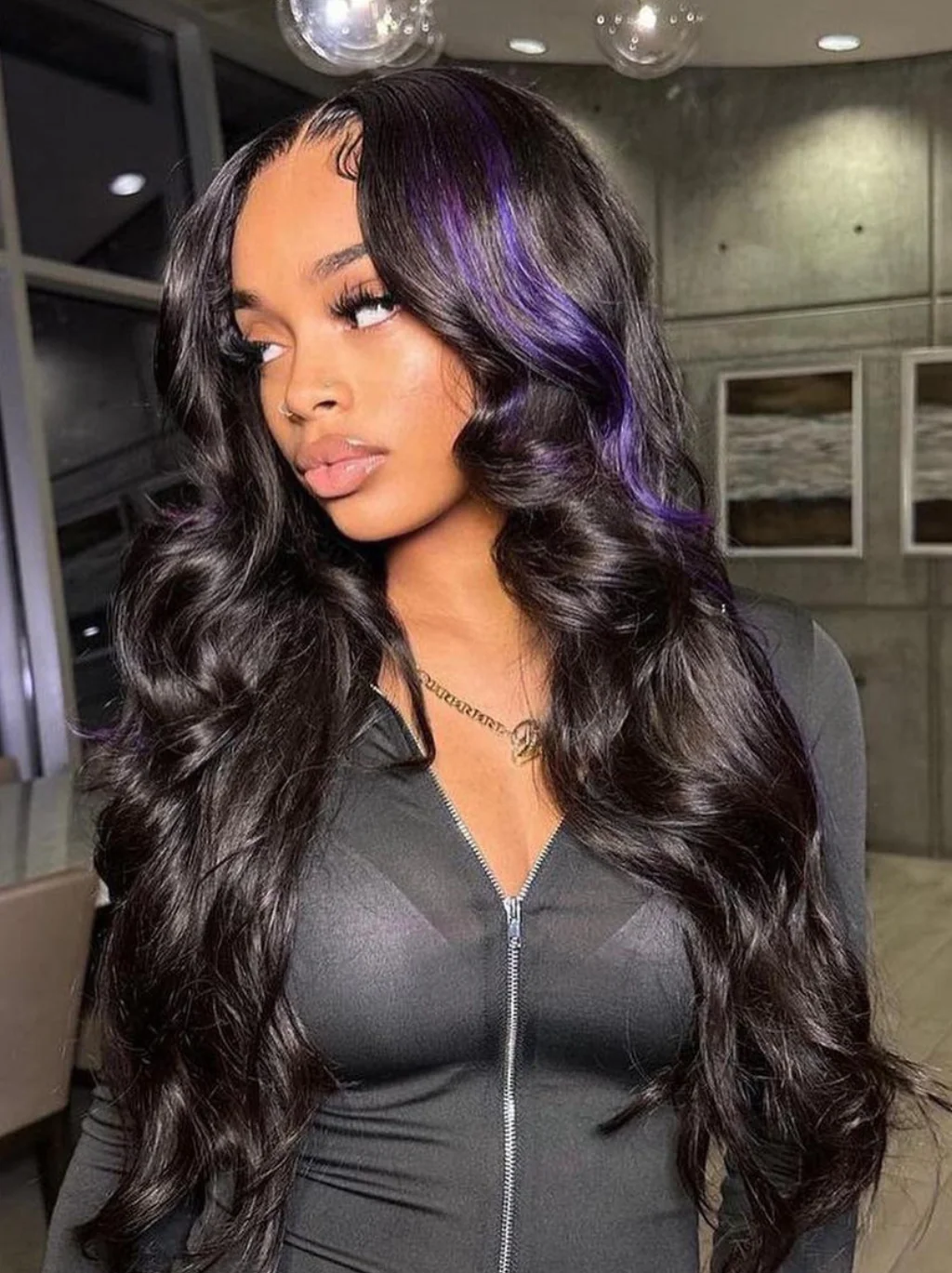 Dorsanee Black Wig With Lavender Purple Streaks 200 Density 13x4 Lace Front Body Wave Human Hair Wigs - Image 3