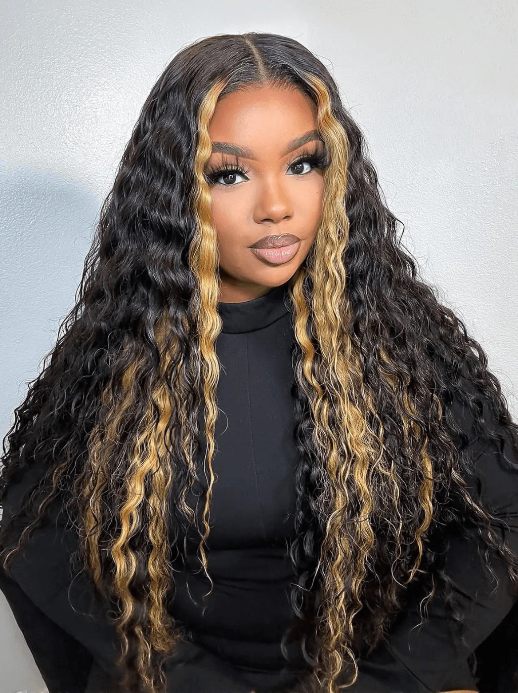 Dorsanee Black With Brown Highlights Deep Wave Curly Human Hair Lace Front Wigs - Image 3