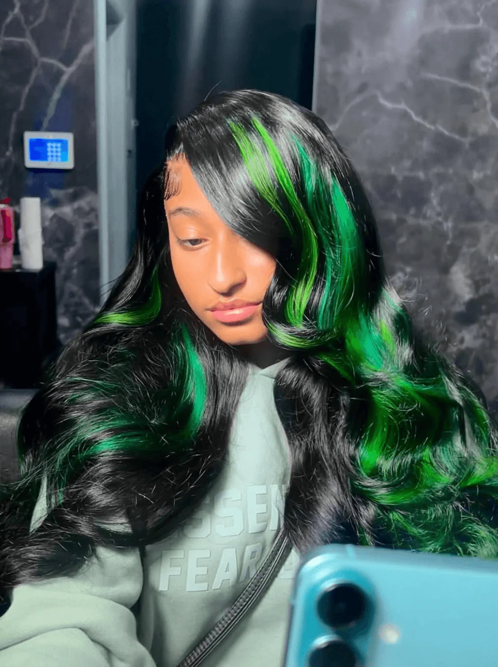 Dorsanee Black With Green Highlight Streaks Body Wave Lace Front Human Hair Wig - Image 2