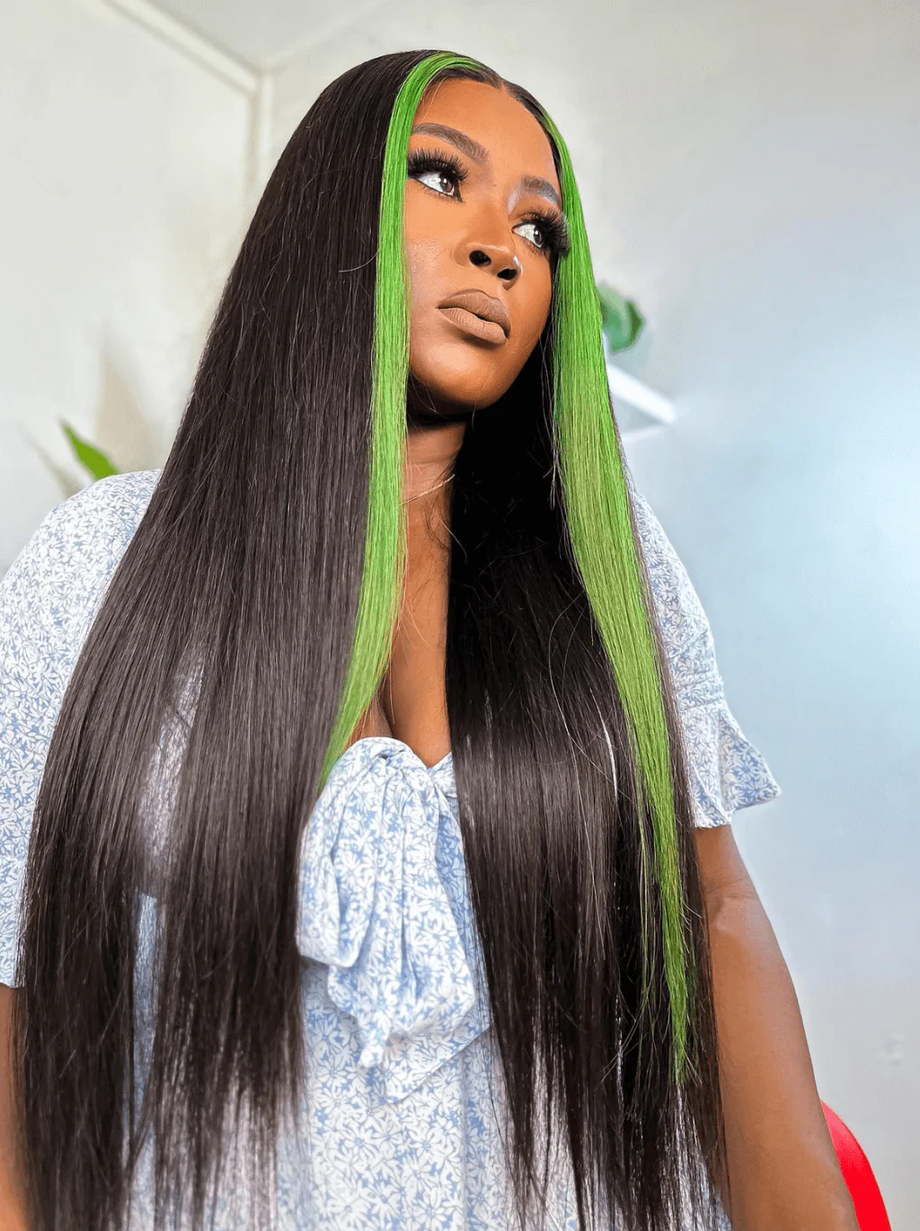 Dorsanee Black With Green Skunk Stripe Highlight Bone Straight Human Hair Wigs - Image 2