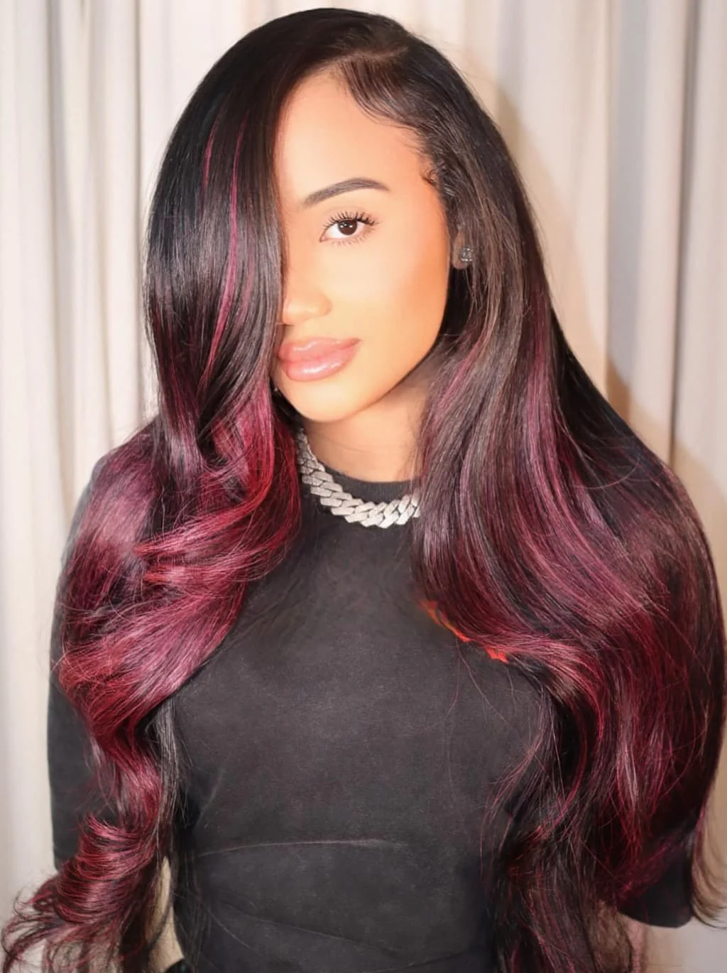 Dorsanee Black With Hot Pink Highlights 13x4 Lace Front Virgin Human Hair Wigs - Image 2