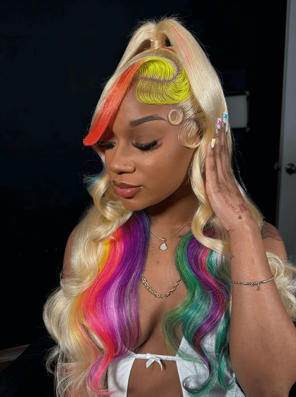 Dorsanee Blonde With Yellow Red Green Blue Purple Multi Color Human Hair Wigs - Image 4