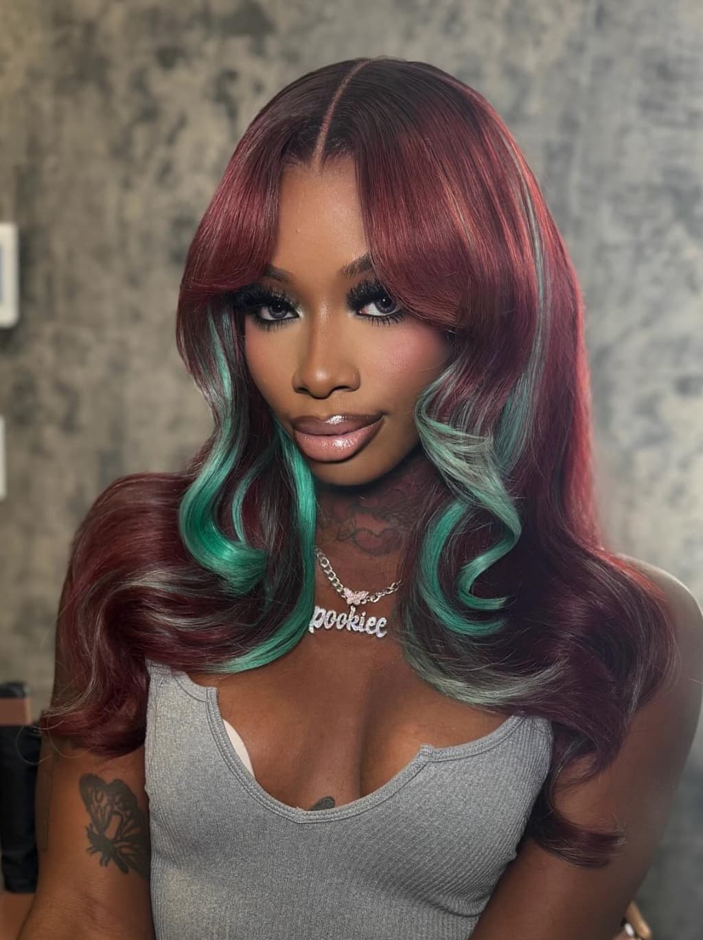 Dorsanee Burgundy Red With Green Highlights 13x4 Lace Front Virgin Human Hair Wigs 200 Density - Image 4