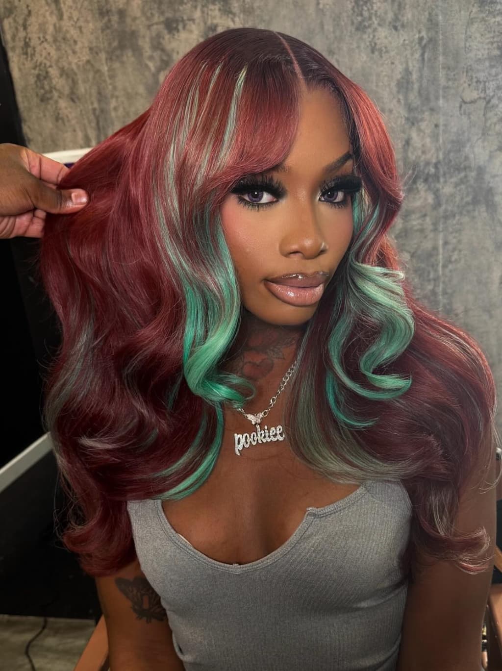 Dorsanee Burgundy Red With Pastel Green Highlights 13x4 Lace Front Virgin Human Hair Wigs - Image 4