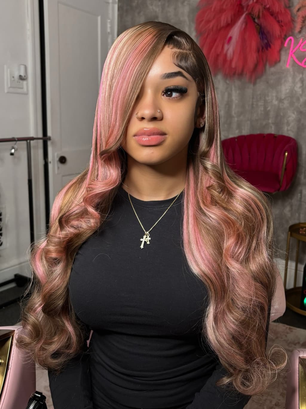 Dorsanee Chocolate Brow Pink Highlight Streaks 13x4 Lace Front Virgin Human Hair Wig - Image 3