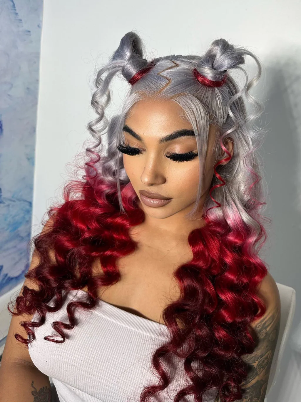 Dorsanee Reverse Ombre Grey Red Burgundy 13x4 Lace Front Wand Curls Loose Deep Wave Human Hair Wigs - Image 3