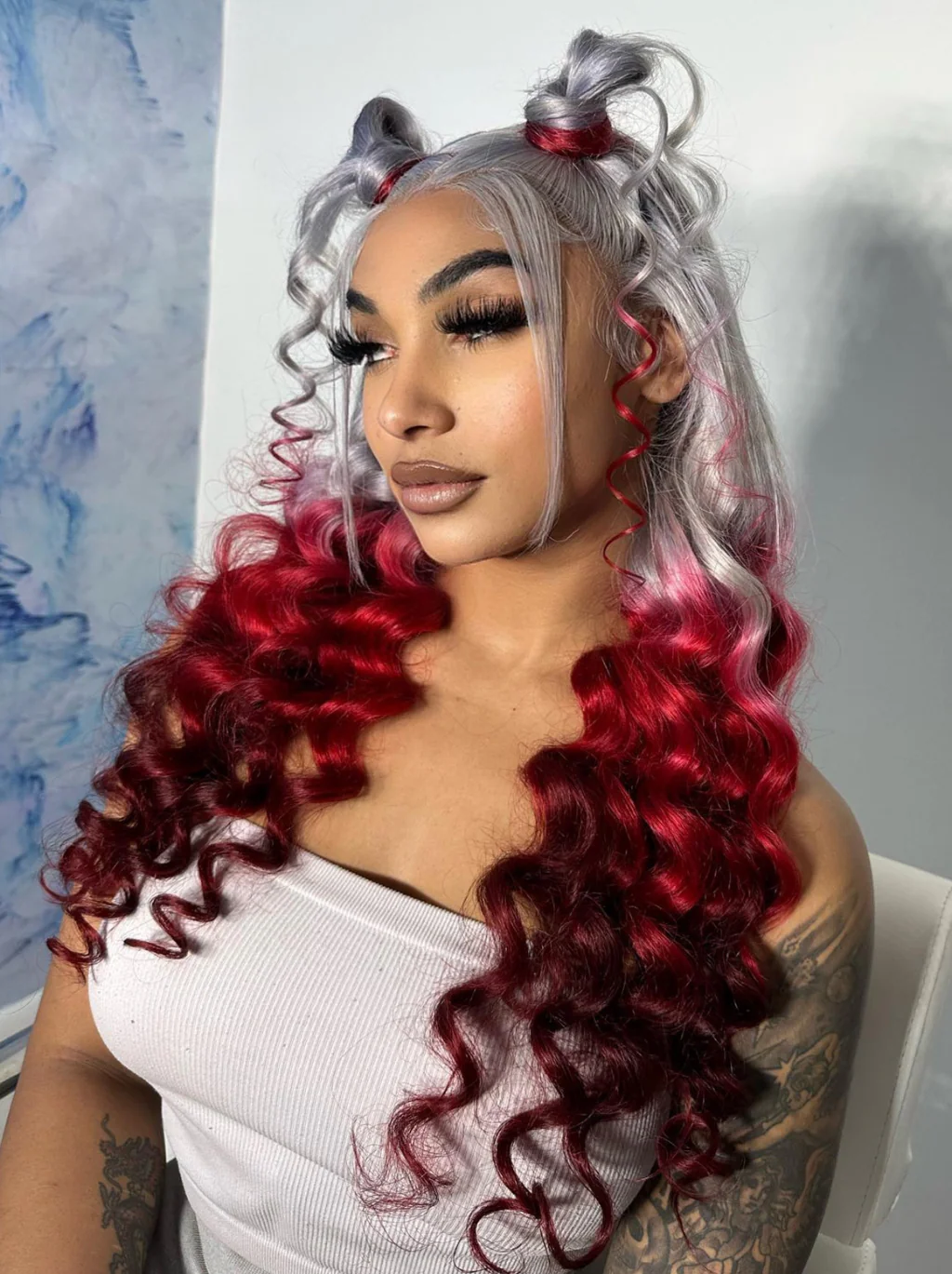 Dorsanee Reverse Ombre Grey Red Burgundy 13x4 Lace Front Wand Curls Loose Deep Wave Human Hair Wigs - Image 5
