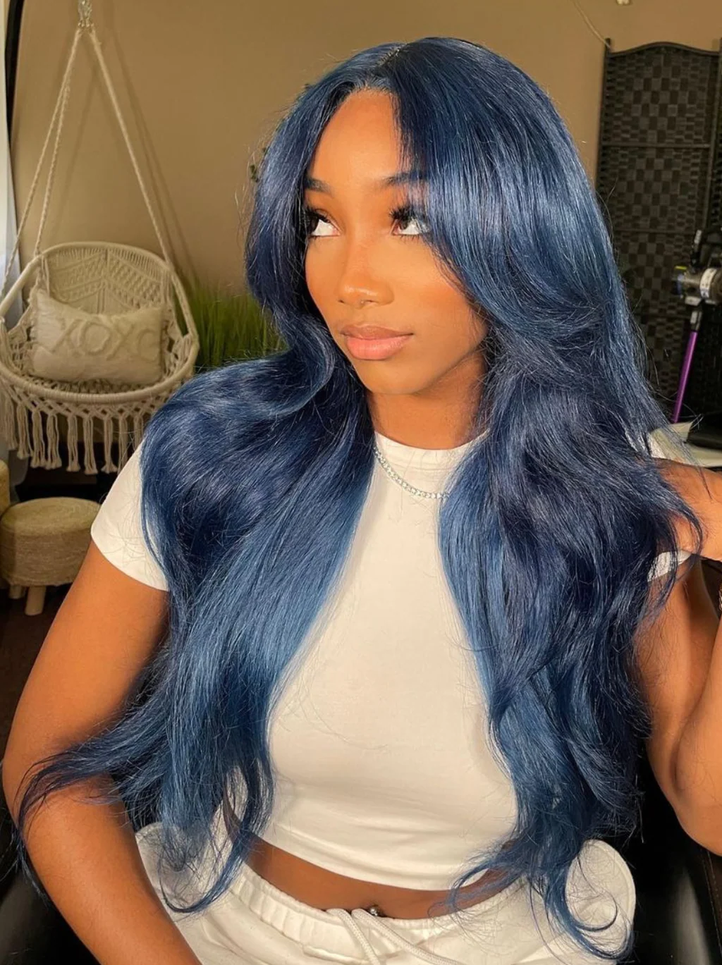 Dorsanee Deep Royal Blue Curtain Bangs 13x4 HD Lace Front Body Wave Human Hair Wigs - Image 4