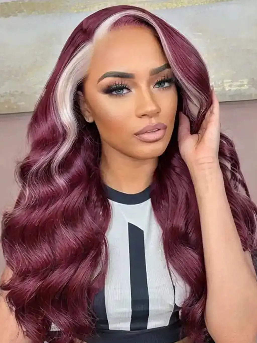 Dorsanee 13x4 Lace Frontal Skunk Stripe Wig #613/99J Burgundy Color Highlight Body Wave Wig - Image 10