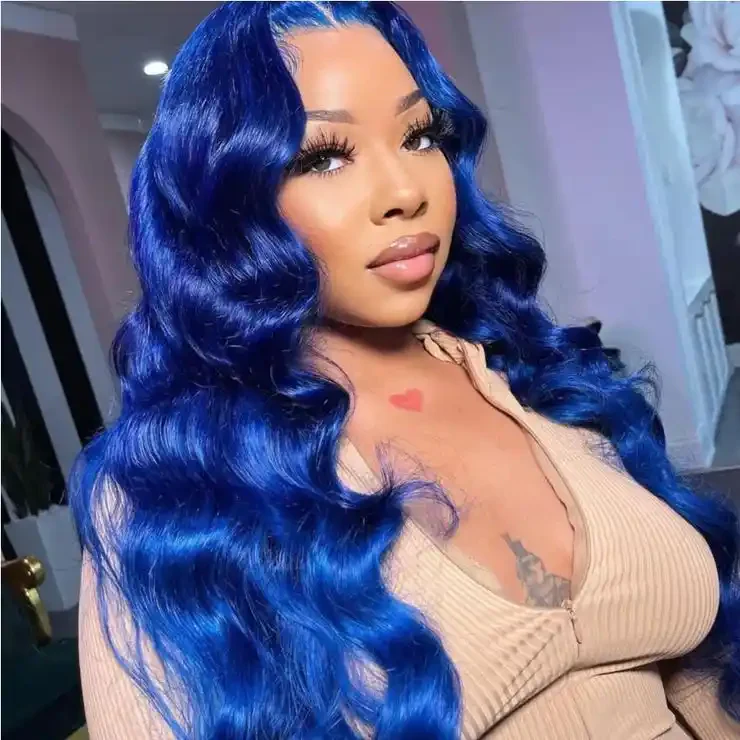 Dorsanee 200 Density Blue Color 13x4 HD Lace Frontal Body Wave Human Hair Wig - Image 5