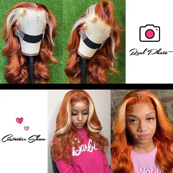 Dorsanee Ginger Orange Blonde Skunk Stripe 13x4 Body Wave HD Transparent Lace Front Human Hair Wig - Image 9