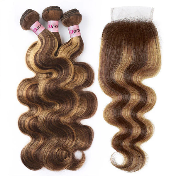 Dorsanee Honey Blonde Brown Highlight Human Hair 3 Bundles with 5x5 Closure P4/27 Body Wave Bundles with Closure - Image 4