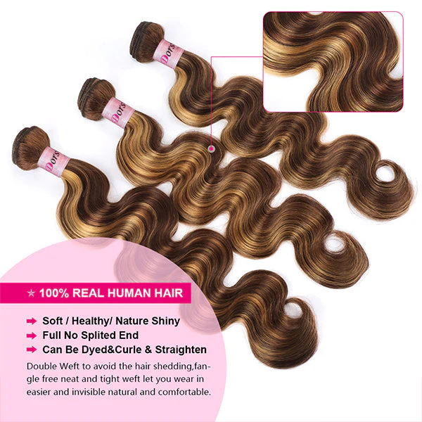 Dorsanee Honey Blonde Brown Highlight Human Hair 3 Bundles with 5x5 Closure P4/27 Body Wave Bundles with Closure - Image 5