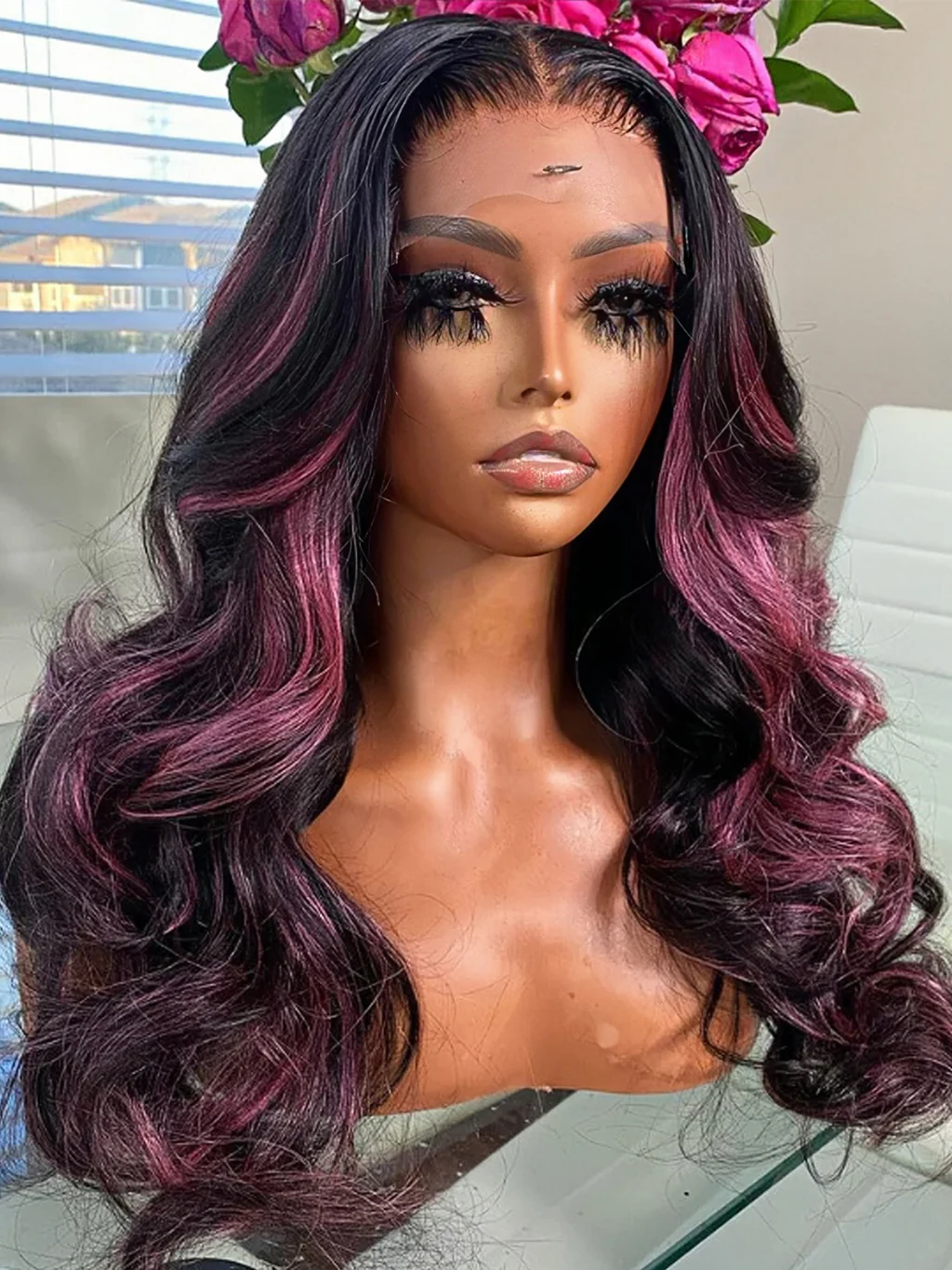 Dorsanee Purple Highlights 13x4 Transparent Lace Front Body Wave Human Hair Wigs - Image 5
