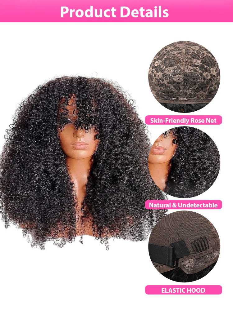 Dorsanee Kinky Curly Machine Made Human Hair Wigs With Bangs - Image 7