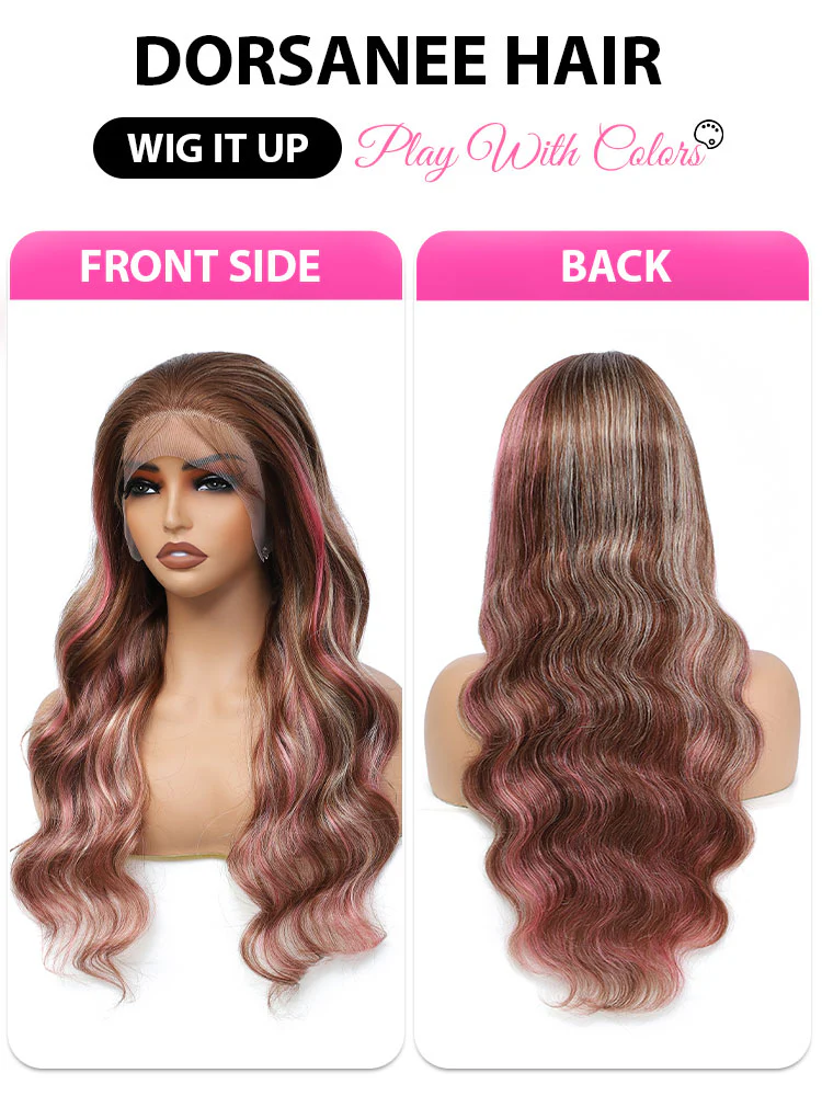 Dorsanee Balayage Pink Brown Blonde Highlights 13x6 Lace Front Body Wave Human Hair Wigs - Image 10