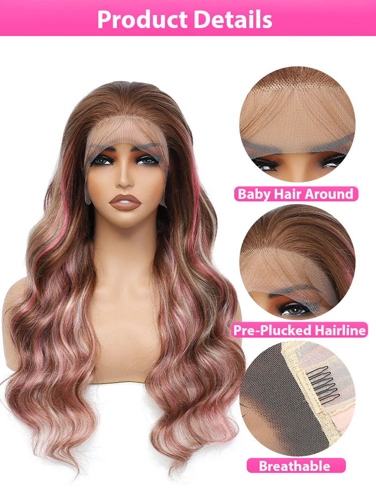 Dorsanee Balayage Pink Brown Blonde Highlights 13x6 Lace Front Body Wave Human Hair Wigs - Image 7