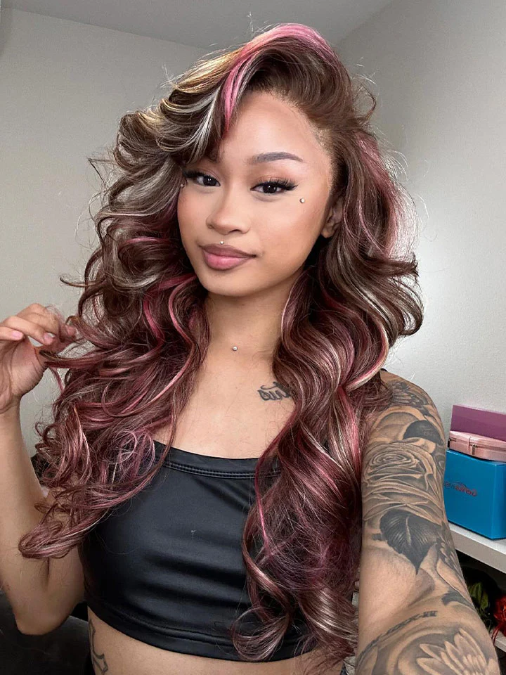 Dorsanee 200 Density Pink Blonde Brown Highlights 13x4 Lace Front Body Wave Hair Wig - Image 4