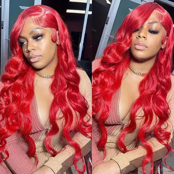 Dorsanee Red Color 200 Density Body Wave 13x4 Transparent Lace Front Human Hair Wig - Image 4