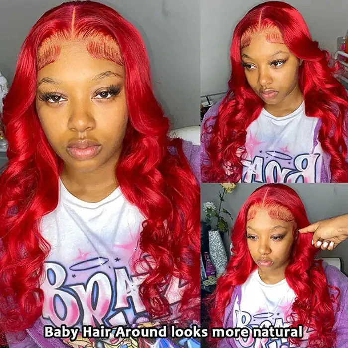Dorsanee Red Color 200 Density Body Wave 13x4 Transparent Lace Front Human Hair Wig - Image 5