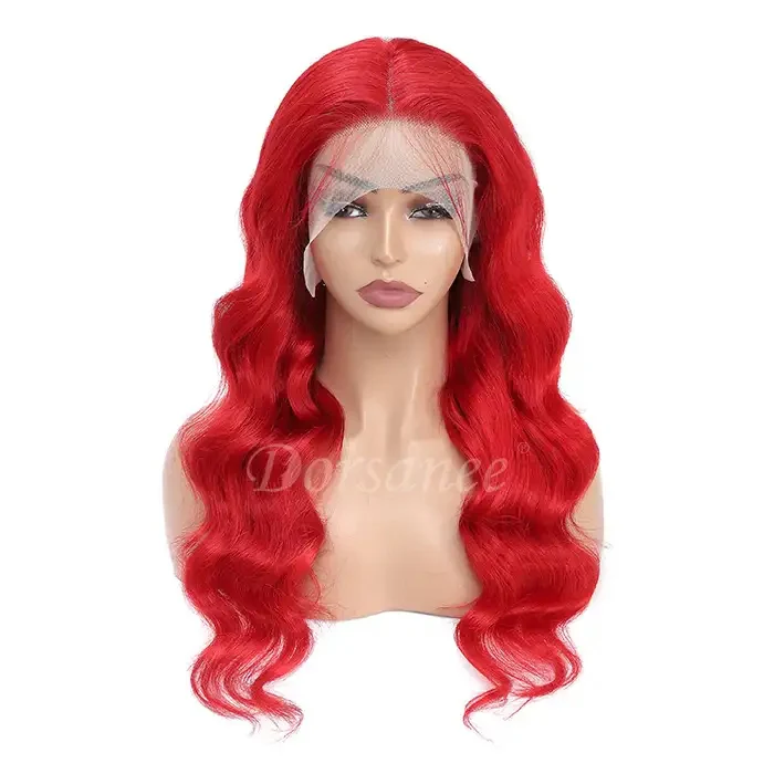 Dorsanee Red Color 200 Density Body Wave 13x4 Transparent Lace Front Human Hair Wig - Image 6