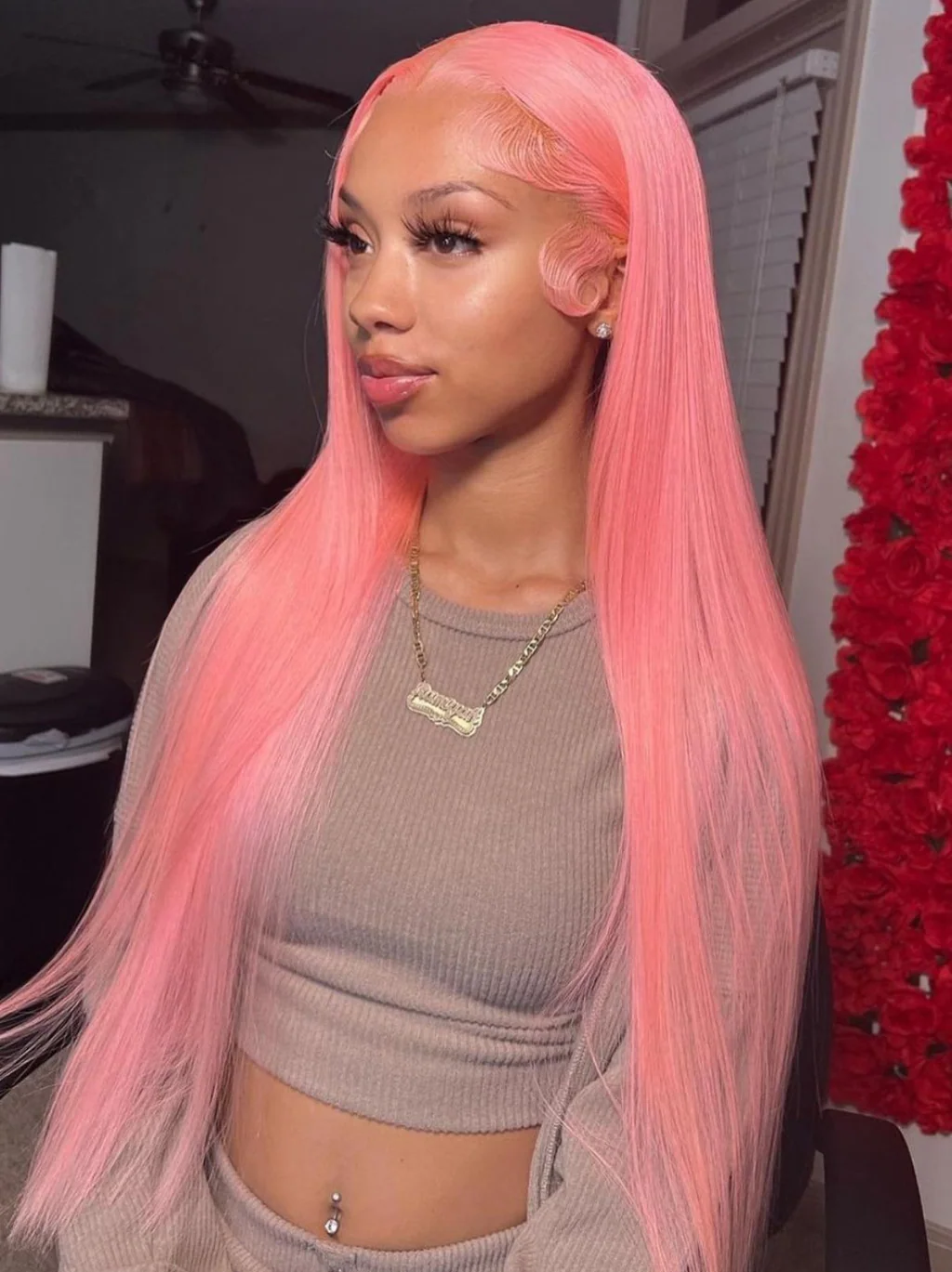 Dorsanee Rose Gold Pink Colored Wig Straight 13x4 Lace Front Human Hair Wigs 200% Density - Image 3
