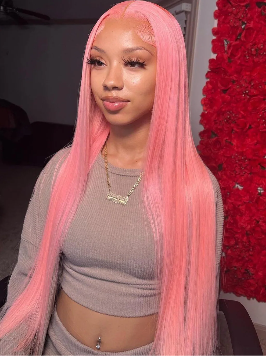Dorsanee Rose Gold Pink Colored Wig Straight 13x4 Lace Front Human Hair Wigs 200% Density - Image 4