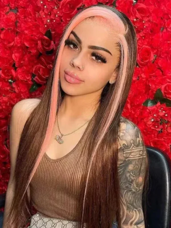 Dorsanee Brown Wig with Pink Skunk Stripe 13x4 Lace Front Straight Human Hair Wig - Image 3