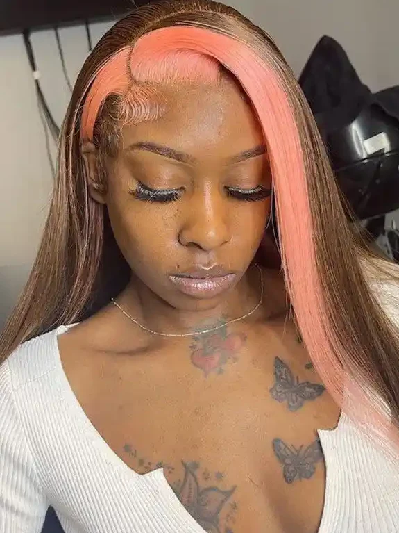 Dorsanee Brown Wig with Pink Skunk Stripe 13x4 Lace Front Straight Human Hair Wig - Image 4