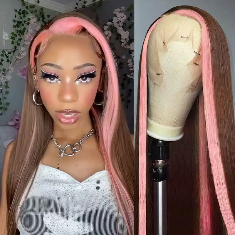 Dorsanee Brown Wig with Pink Skunk Stripe 13x4 Lace Front Straight Human Hair Wig - Image 5