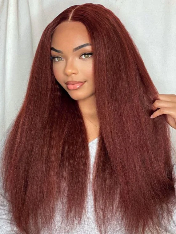 Dorsanee Auburn Reddish Brown 250 Density Yaki Kinky Straight 13x4 Lace Front Human Hair Wig - Image 4