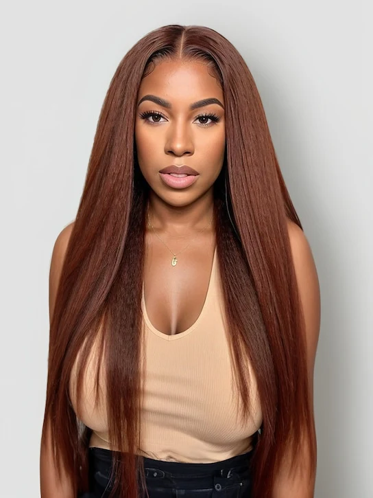 Dorsanee Auburn Reddish Brown 250 Density Yaki Kinky Straight 13x4 Lace Front Human Hair Wig - Image 5