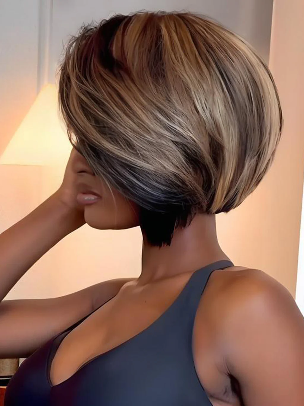 Dorsanee Short Bob Pixie Cut Black With Brown Highlights 13x4 Lace Front Virgin Human Hair Wigs - Image 4