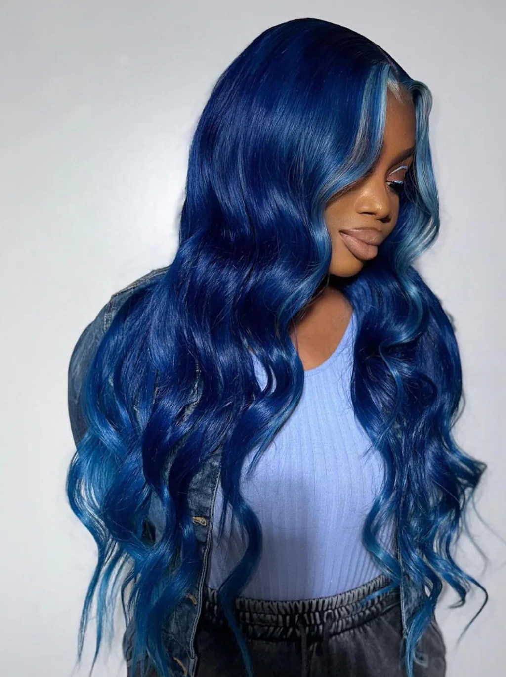 Dorsanee Skunk Stripe Light Blue Royal Blue Color 200 Density 13x4 Lace Front Body Wave Human Hair Wigs - Image 2