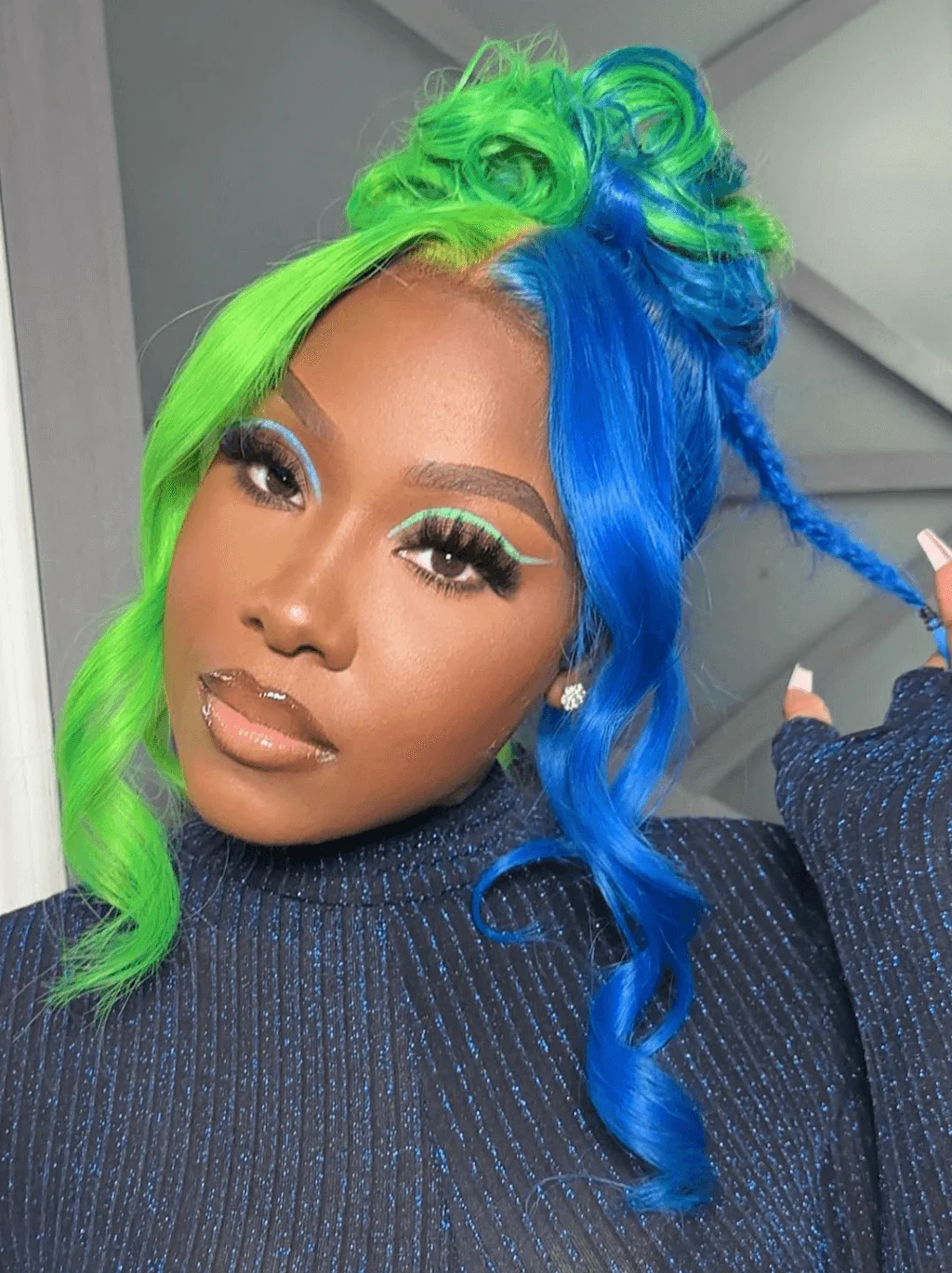 Dorsanee Split Dye Half Green Half Blue 13x4 Lace Front Virgin Human Hair Wigs - Image 2
