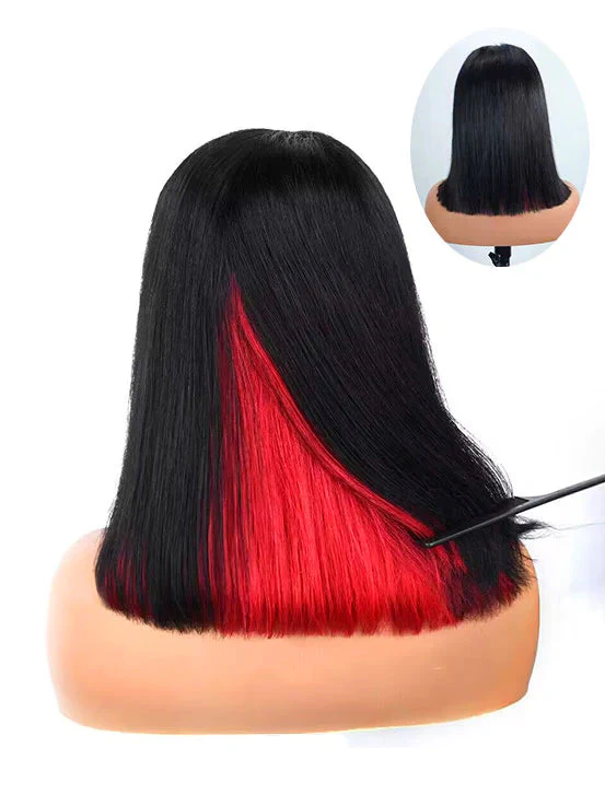 Dorsanee Peekaboo Two Tones Black with Red Blonde Green Purple Blue Pink Short Straight Hair Bob Wigs - Image 11