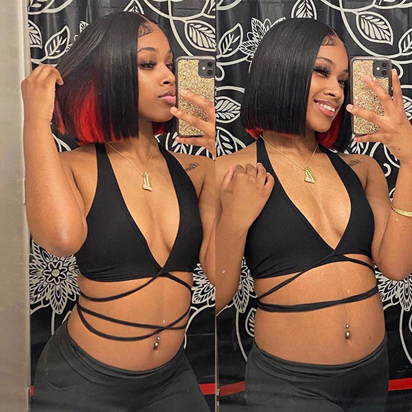 Dorsanee Peekaboo Two Tones Black with Red Blonde Green Purple Blue Pink Short Straight Hair Bob Wigs - Image 4