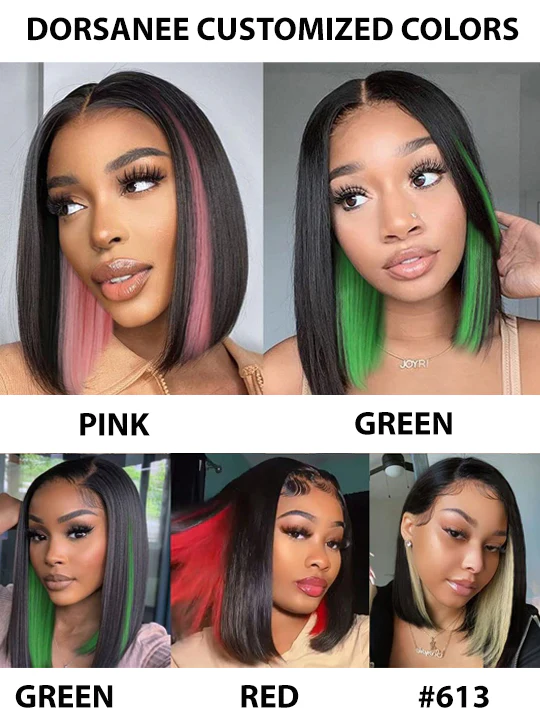 Dorsanee Peekaboo Two Tones Black with Red Blonde Green Purple Blue Pink Short Straight Hair Bob Wigs - Image 6