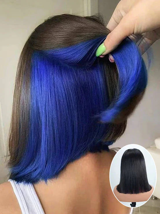 Dorsanee Peekaboo Two Tones Black with Red Blonde Green Purple Blue Pink Short Straight Hair Bob Wigs - Image 7